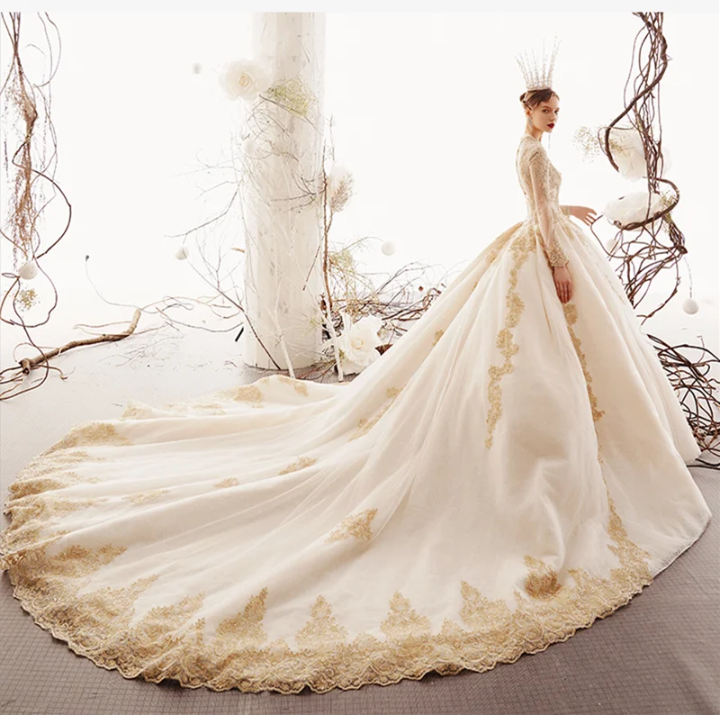 SoAyle Vestido de Noiva Hepburn роскошное свадебное платье цвета шампань с v-образным вырезом и Длинными Рукавами Свадебное Платье вышитое бисером кружевное платье с аппликацией