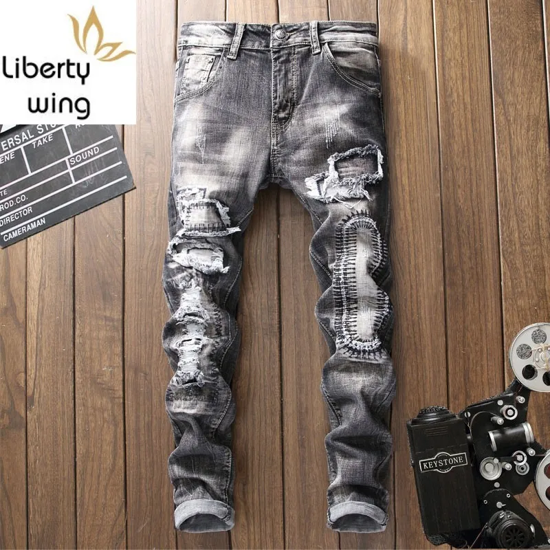 

New Fashion Spring Pencil Pants Biker Jeans Men Full Length Trousers Male Classic Hole Ripped Jean For Mens