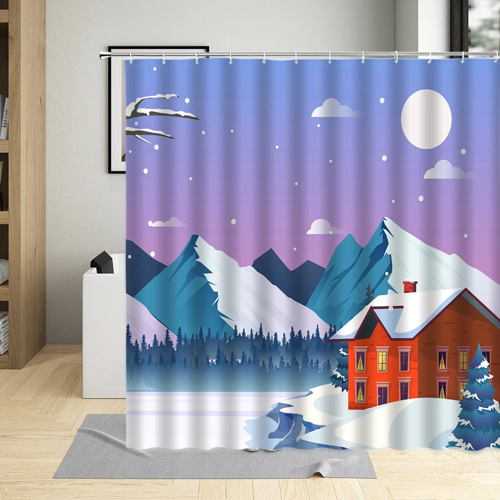 

Занавеска для душа зимняя с изображением заснеженного горного пейзажа, занавески для ванной с деревом и белым снегом, декоративные крючки для ванной из полиэстера