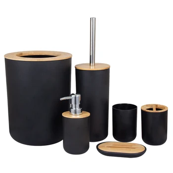 

Dish Waste Bin Cup Bamboo Wooden Bathroom Accessories Set Toilet Brush Soap Dispenser Kitchen Countertop Freestanding Home Hotel