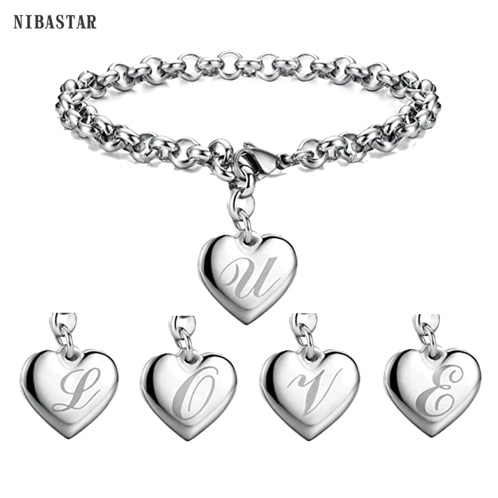 

NIBASTAR Customize Letter A-Z Heart Pendant Bracelet For Women Initial Alphabet Stainless Steel Fashion Chain For Girl Jewelry