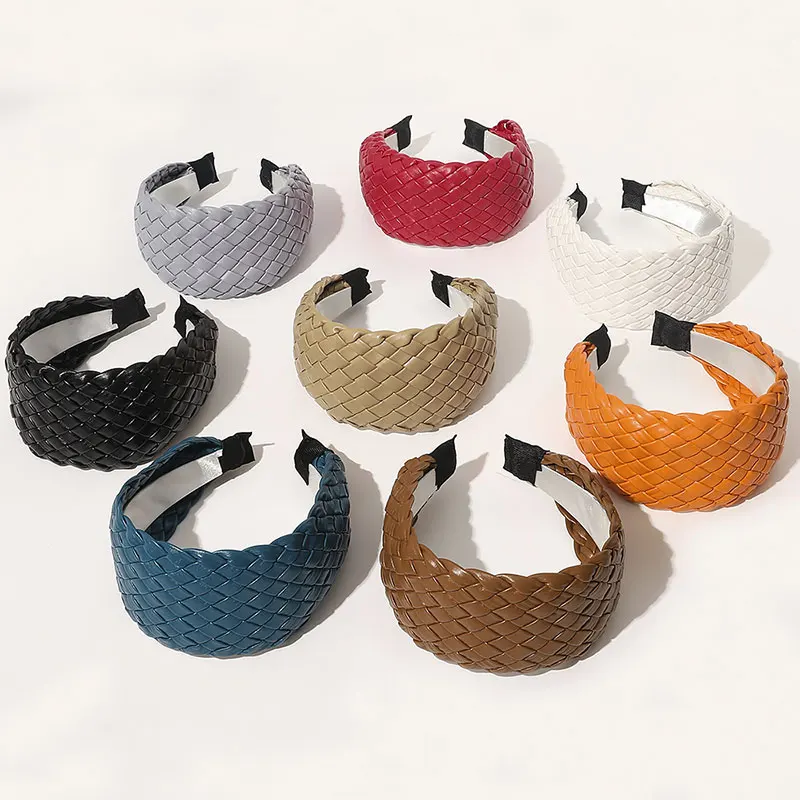 

PU Weaved Headband Braided Female Hair AccessoriesHead Hoop Artificial Leather Solid Color Wide Side Hair Hoop