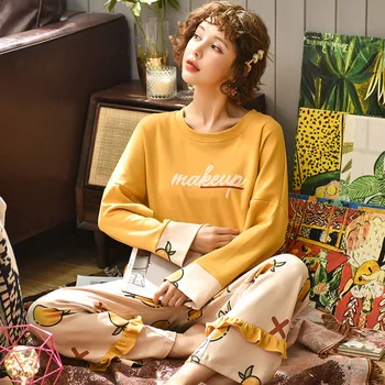 

Autumn Pajamas Women's Long-sleeved Korean Cartoon Cute Suit Home Service Winter