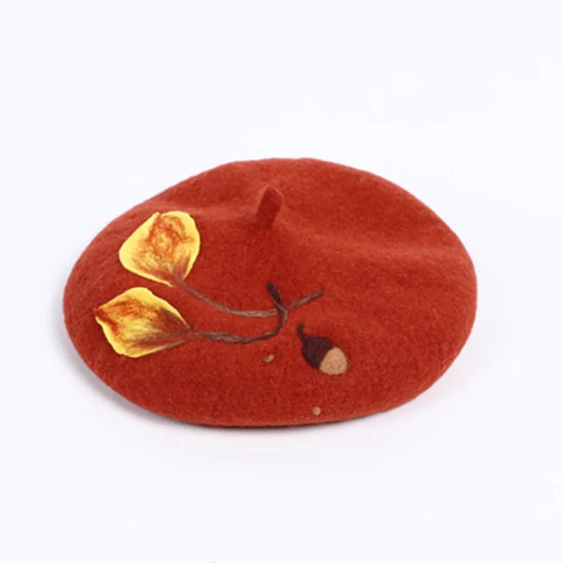 

Winter Hats Autumn Maple Leaf Painter Beret Handmade woollen Felt Warm Cute Women Berets Christmas Gift Street Fashion