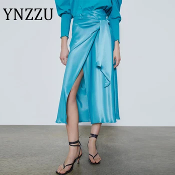 

YNZZU Elegant Silk Satin Midi Skirts Women 2020 Summer High Waist Sexy Split Wrap Tie Female A line Skirts Drop Shipping AB310