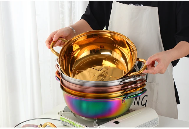 QIBORUN Stainless Divided Hot Pot Stainless Steel Hot pot Table Soup  Cooking Pot with Glass Lid Golden Induction Cooker Gas Stove Compatible Pot  Home