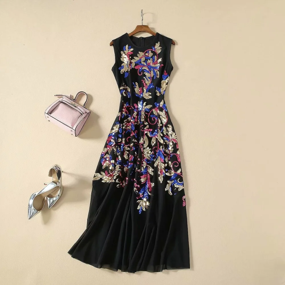 Высокое качество сезон: весна–лето платье Vestidos взлетно-посадочной полосы роскошное платье без рукавов с блестками нежное детское Платье черного цвета Для женщин трапециевидной формы Макси Платья для вечеринок
