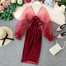 NiceMix 2019 ใหม่ผู้หญิง 3D Dot ตาข่ายเย็บชุดกำมะหยี่สีดำ VINTAGE V คอโบว์ด้านหน้า Flare แขนยาวชุดสั้น(China)