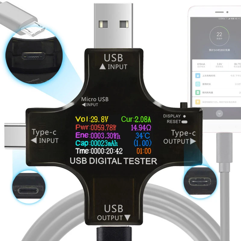 PD USB цветной Тестер 12 в 1 DC Цифровой вольтметр Ток Напряжение тип-c метр Ампер Амперметр детектор запасные аккумуляторы для телефонов зарядное устройство индикатор