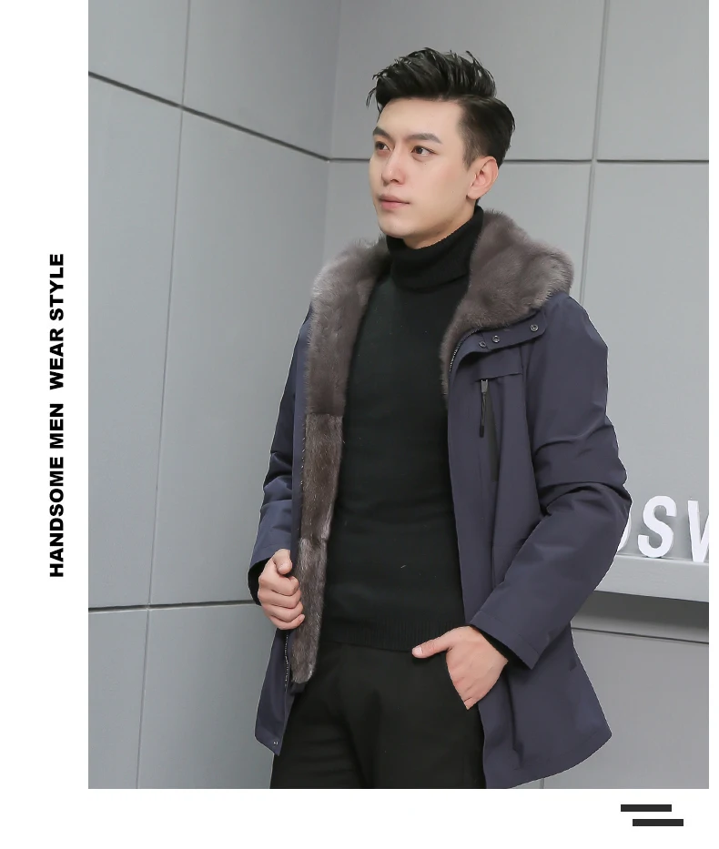 Меховые парки Smart casual, воротник из натурального меха норки, Толстая теплая норковая меховая подкладка, длинное пальто с капюшоном, Мужская зимняя верхняя одежда темно-синего цвета размера плюс