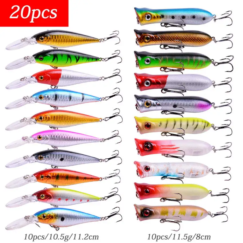 20 pièces/ensemble Minnow/Popper leurre Iscas appât artificiel Kit de pêche Isca Leurres artificiels Minnow Leurres Poppers Isca wobbler