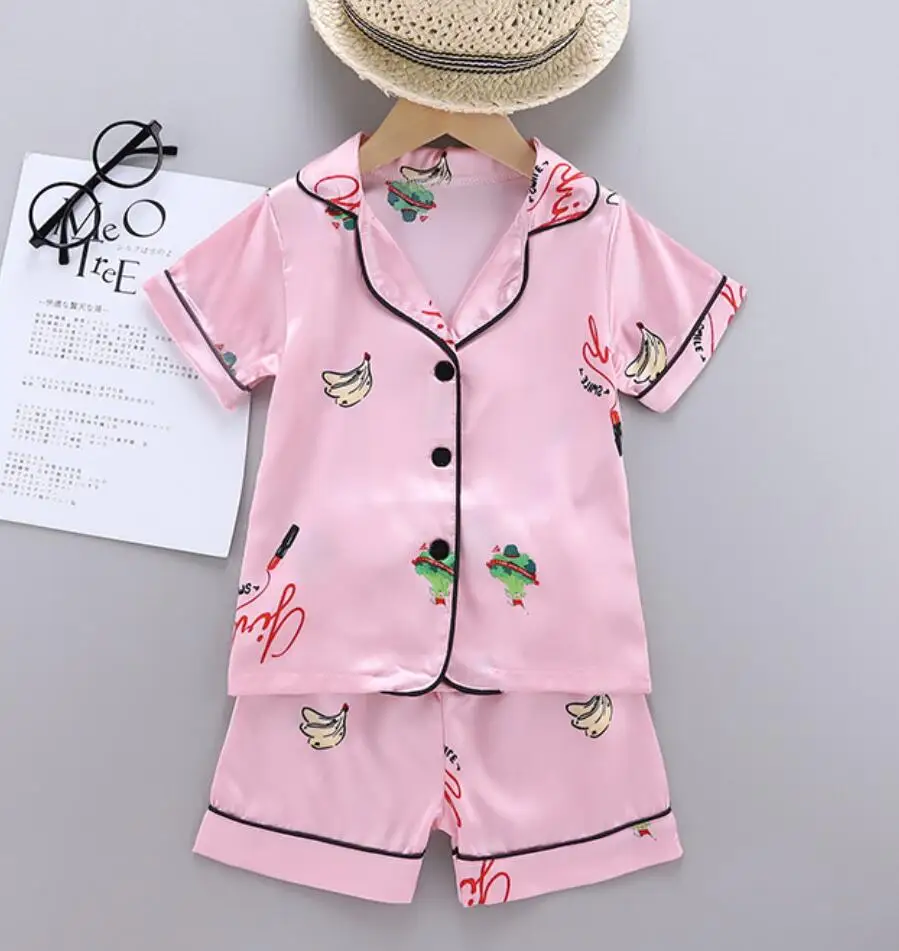 Children's Pajamas Set Summer Baby Suit Kids Clothes Toddler Boys Girls Lce Silk Satin Cartoon Printing Tops Pants 2pc Home Wear children's robe and slipper set Sleepwear & Robes