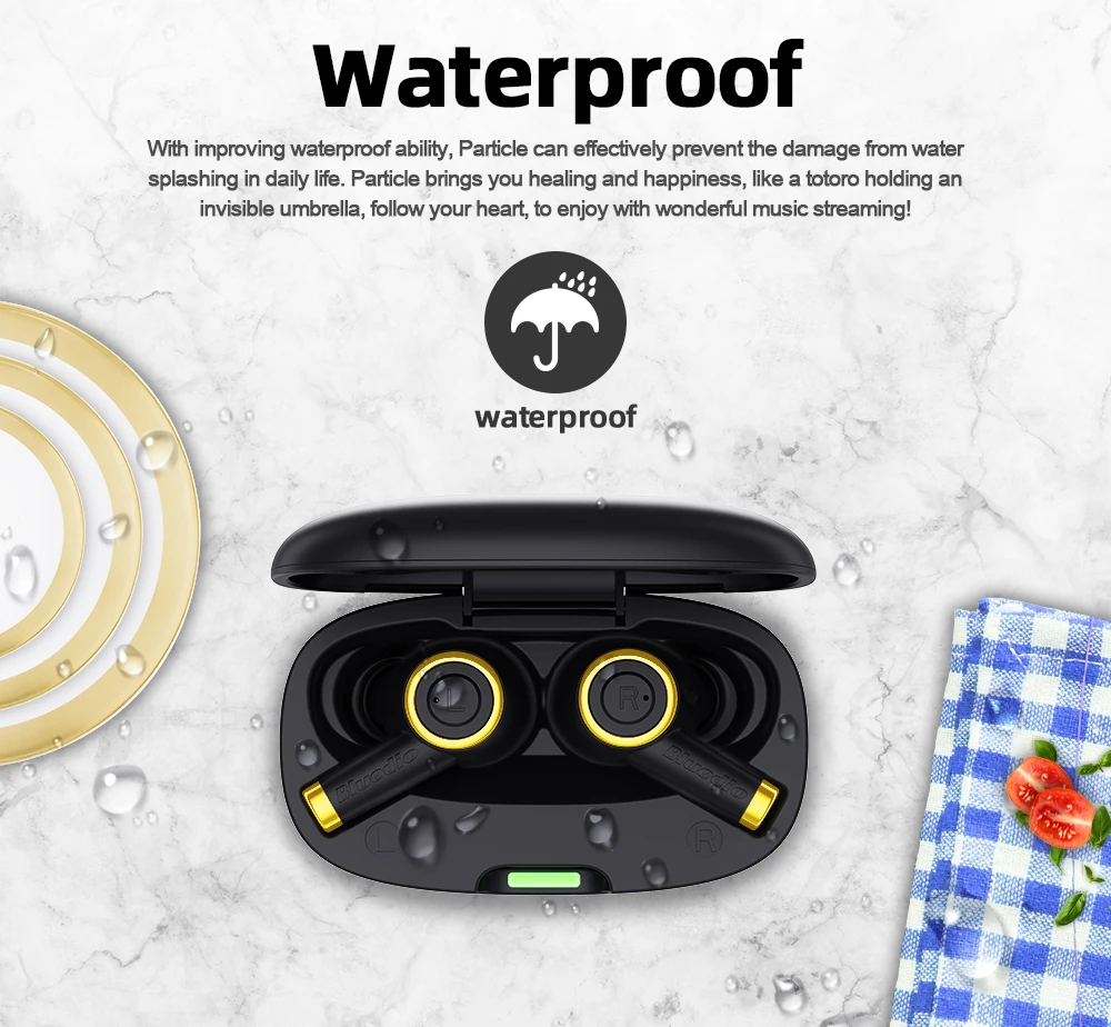 Bluedio Particle Bluetooth Headphones TWS Wireless Earbuds Waterproof Sports In-ear Headphones with Charging Case Support In-ear Detection - Black