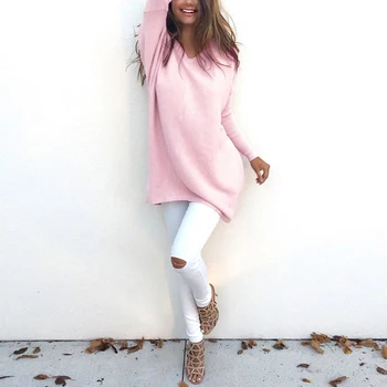 

2019 Autumn Winter Europe And The United States Fashion V-Neck Long-Sleeved Women'S Sweater Knitted Long Top Sweaters