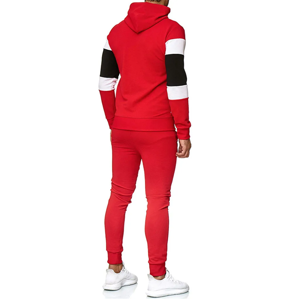 Модная мужская толстовка с капюшоном Лоскутная Толстовка Топ Брюки наборы спортивный костюм для бега