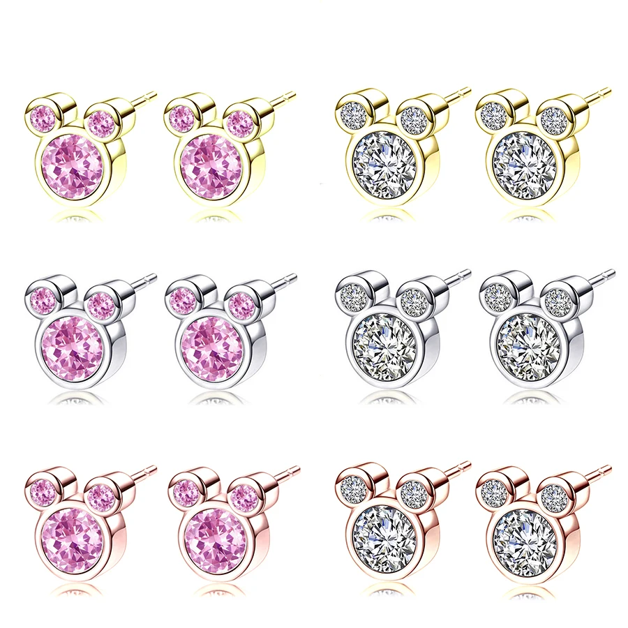 

Simple Cartoon Fashion Rose Gold Ear Pin Brands Earrings For Women Pink Crystal Mickey Charm Exquisite Stud Earring Jewelry