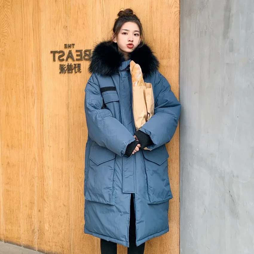 

2019 Chic Korean-style Rose Red Long over-the-Knee Hooded Large Fur Collar Loose-Fit Cotton Coat Women's Workwear Coat Winter