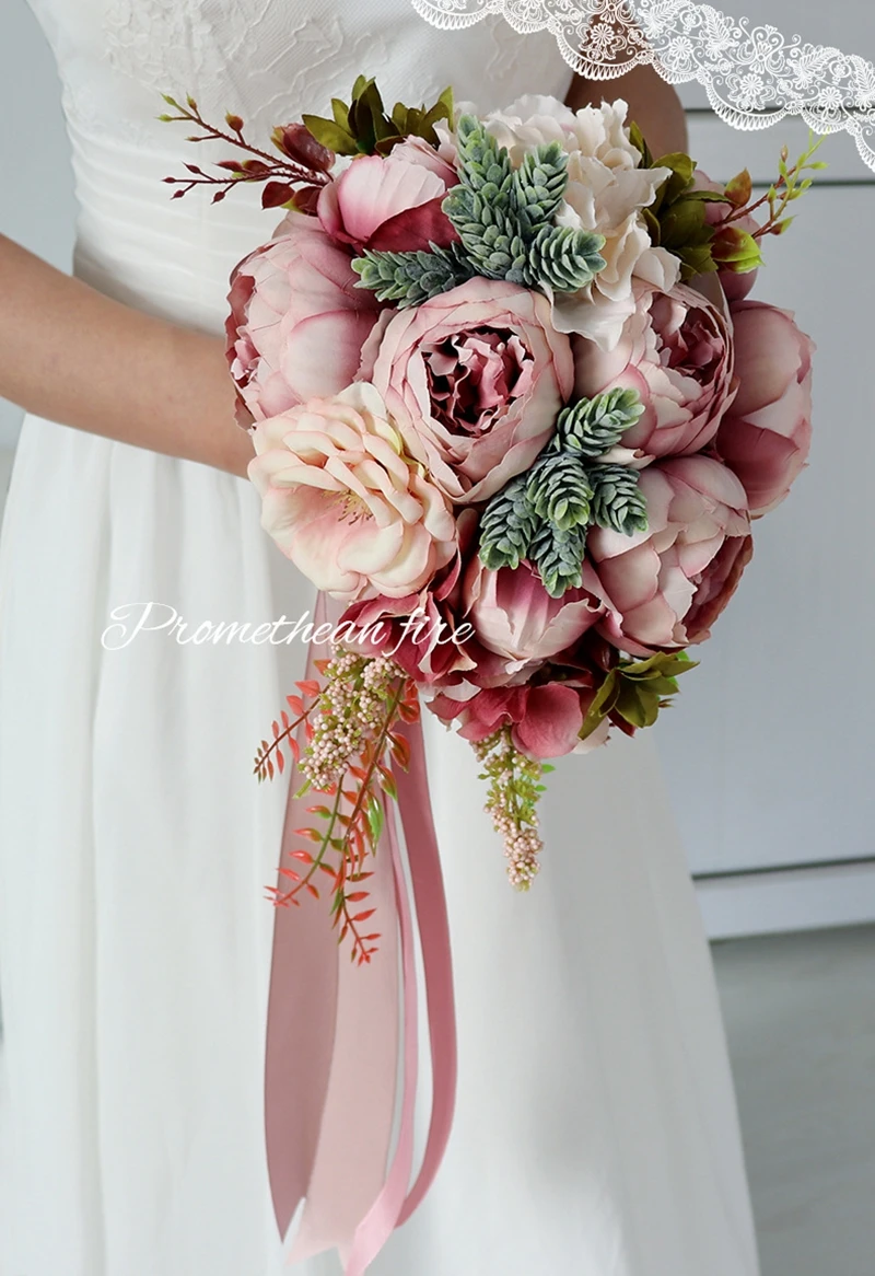 Роскошный Искусственный Пион розы каплевидный Свадебный букет невесты Свадебный букет цветов ручной работы кристалл водопад поддельные цветы