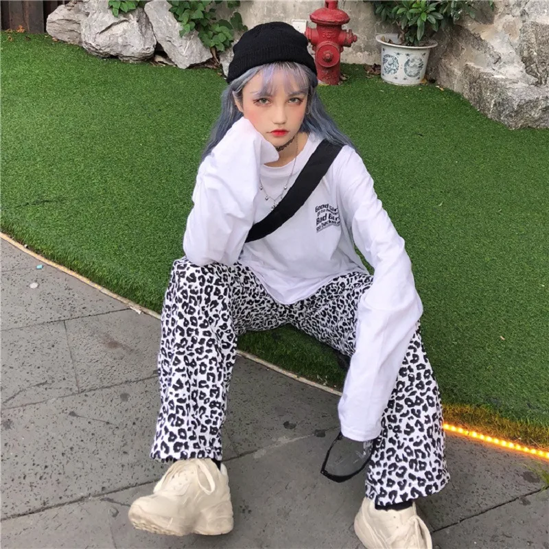 Harajuku Vintage Leopard Pants Women High Waist Loose Casual Wide Leg Pants Fashion Streetwear Grungr Style Hip Hop Pants Female