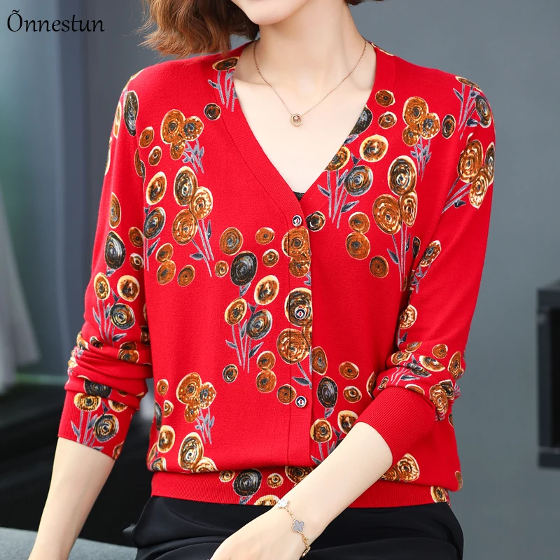 

Soft Print Female Cardigan Autumn Spring Knitted Sweaters Women Korean Fashion Long Sleeve Tops V Neck Lovely Cardigans Women