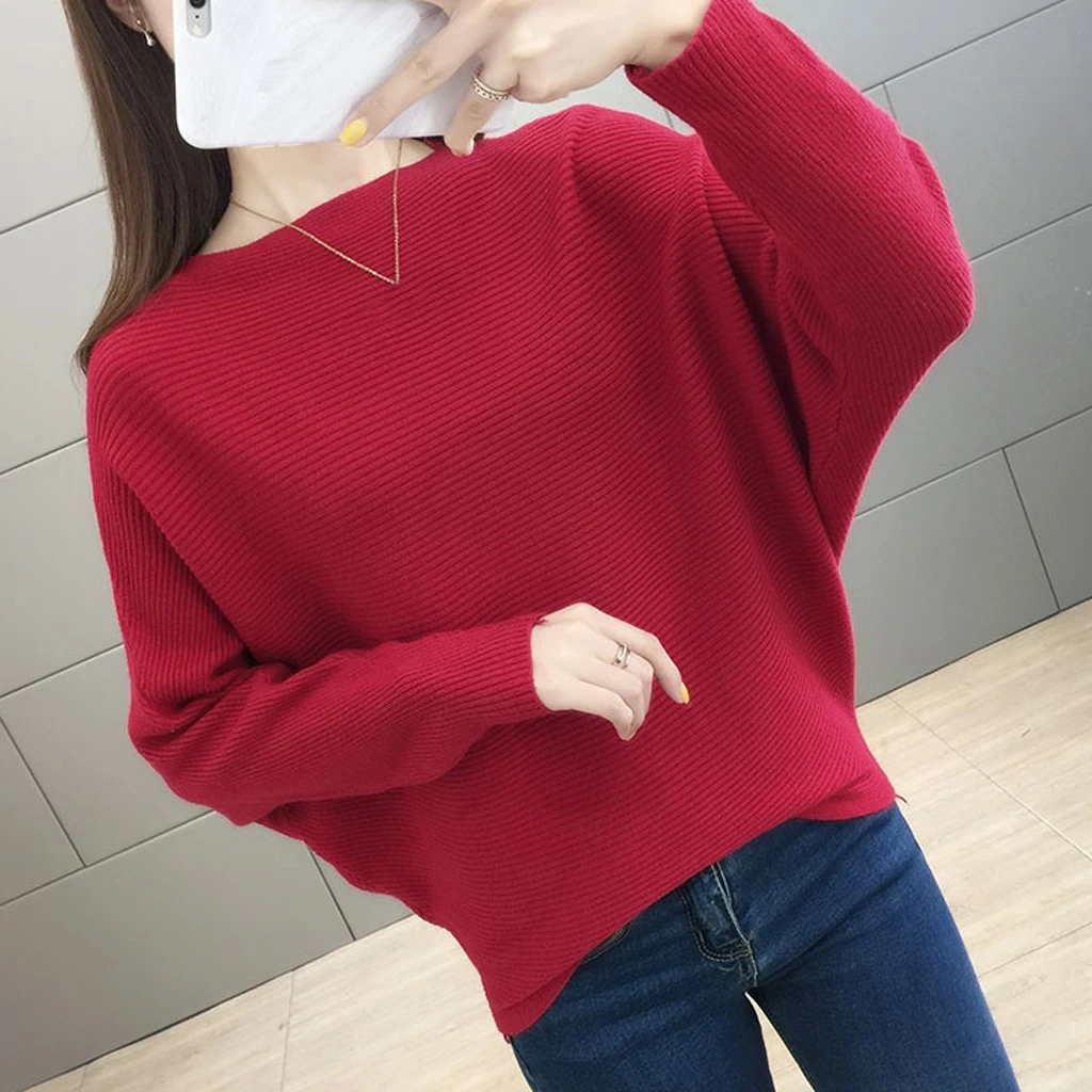 2019 New Arrival Winter Women Tops Casual O-Neck Batwing Sleeve Blouses Autumn Knitted Polka Shirt 903