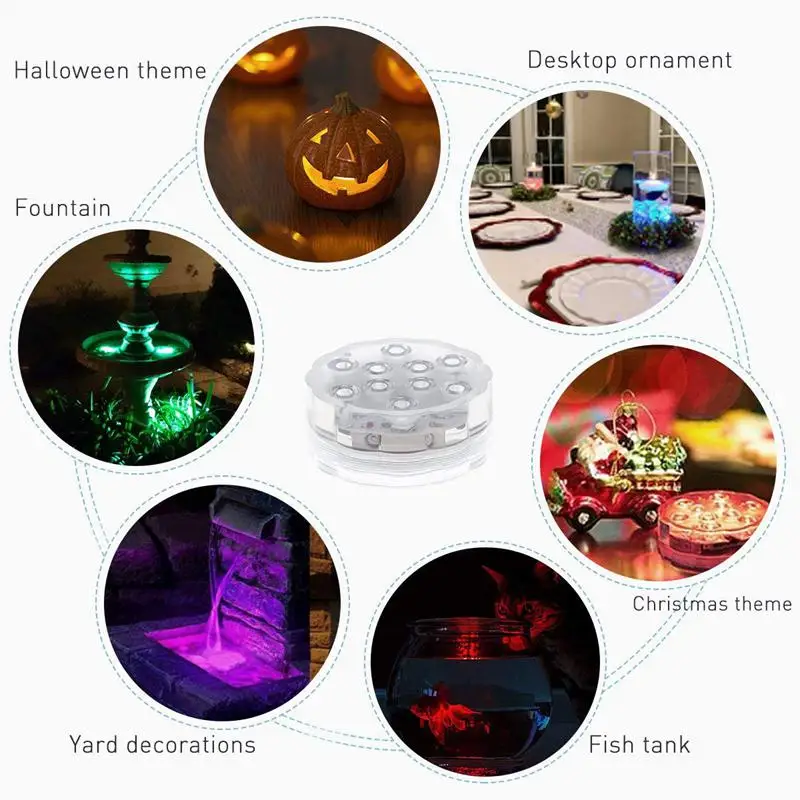 Submersible LED Lights, 10 RGB LEDs, 16 Colors Waterproof Underwater Lights, Battery Powered with IR Remote Controller for Aquar