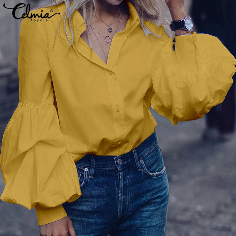 Najtaniej Moda z najwyższej półki 2019 Celmia kobiety długi rękaw bufka bluzki koszule klapy przyciski dorywczo luźne stałe strona pracy Blusas Mujer Plus rozmiar