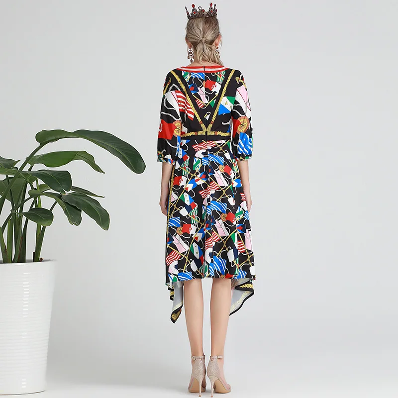 HUAYIMENGYI Sexy Summer Three Quarter Sleeve Print Black Dresses V Neck Elegant Casual Women Middle Irregularity Party Dress