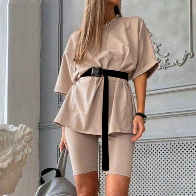 Summer Women Set O Neck Loose Short Sleeve Top Shirt and  Bodycon Cycling Shorts Women Bottom Suit Two Piece Sets Outfit