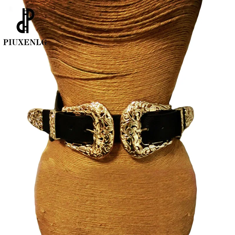 Retro Ladies Belt Metal Double Pin Buckle Women's Leather Belts For Women Elastic Designer Sexy Gold Hollow Out Wide Waist Belts