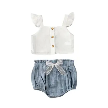 

0-24M Newborn Infant Baby Girl Outfits Clothes Sets Baby Girl Cotton Ruffles Sleeve White T-shirt Top Blue Lace Bow Pants Shorts