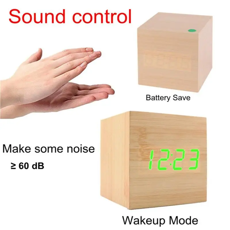 Cube Voice Control Wooden Clock Digital LED Desk Table Alarm Clock Thermometer USB Projection LED D