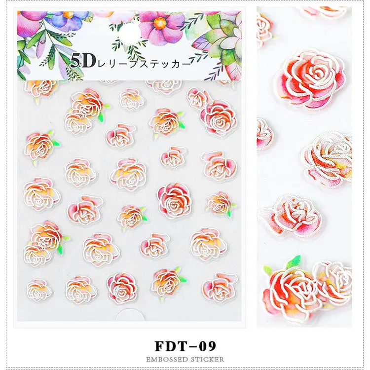 1 лист 3D тиснение наклейка с цветком для ногтей наклейки листья Бабочка украшение для ногтей DIY маникюр Дизайн Ювелирные изделия Аксессуары - Color: FDT-09