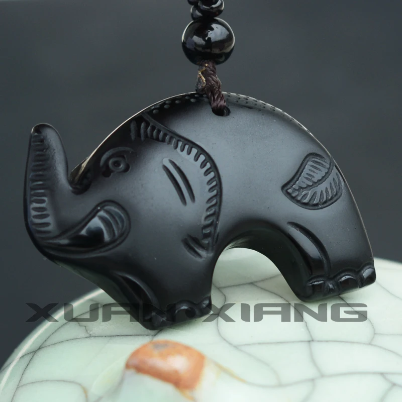 

Women Necklace Pendant Black Obsidian Carved Elephant Trunk God lucky Elephant Pendant Gift for Female Fine Jewelry