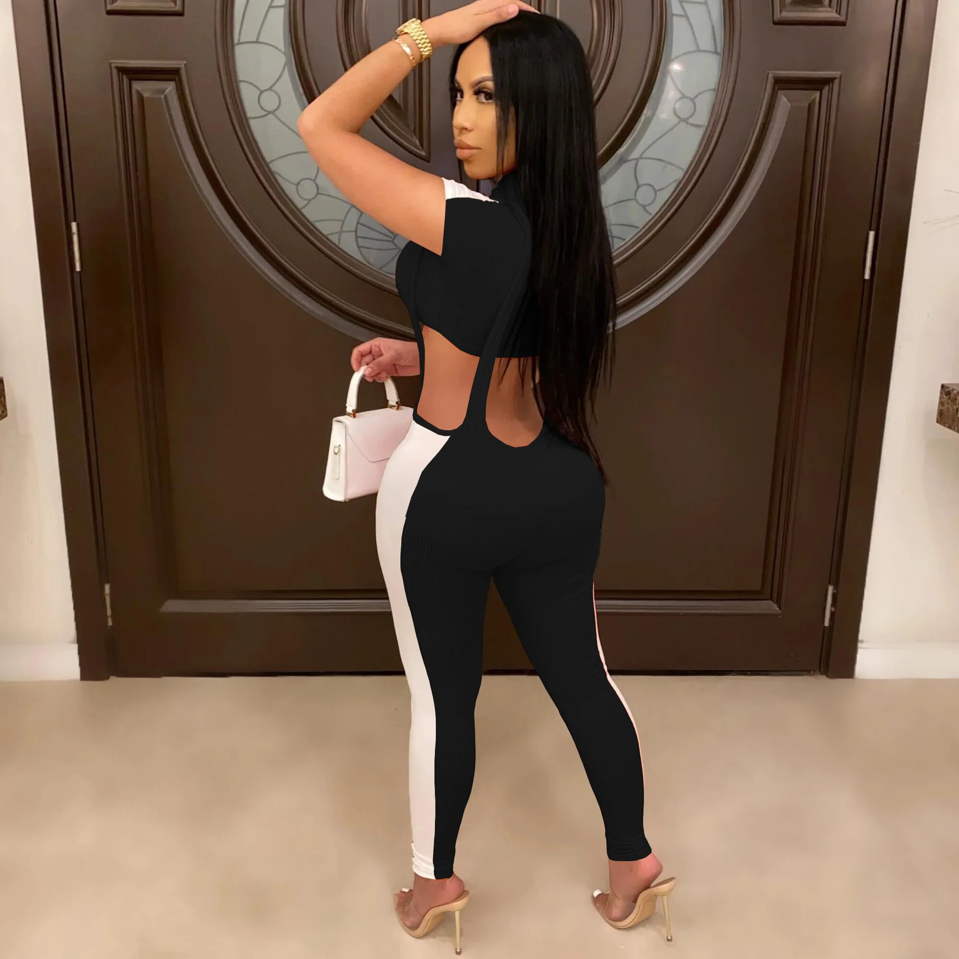 Casul Women Set Knit Ribbed Two Piece Set Crop Top + Jumpsuit Solid Color Patchwork Short Sleeve Tracksuit Clothes For Women