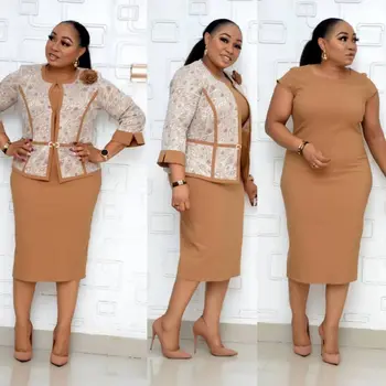 

Plus Size Two Pieces Women Set High Quality Elegant O-neck Three Quarter Sleeve Midi Dresses African Party Office Lady Dresses