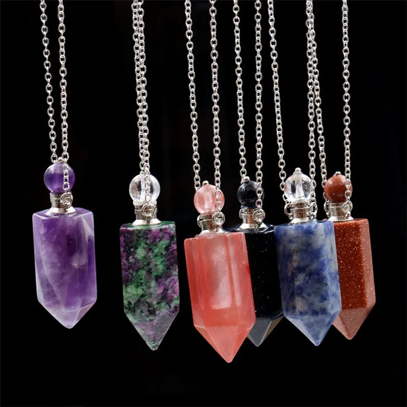 Ожерелье с натуральными камнями, Кристаллами, эфирное масло, подвеска в виде бутылочки парфюма, диффузор, шестигранная призма, остроконечное ожерелье, Женские Ювелирные изделия