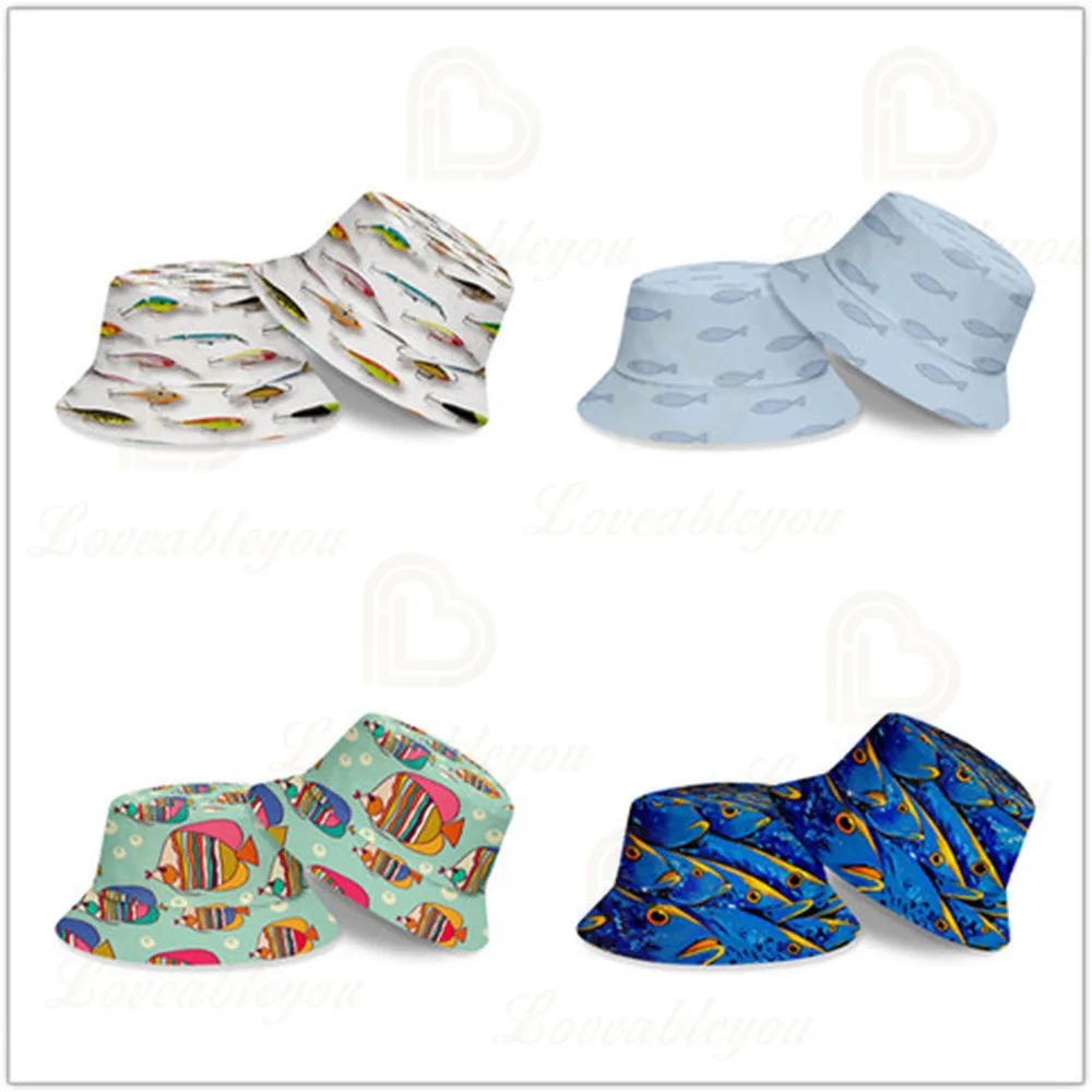 

New Fish Pattern Summer Harajuku Casual Bucket Hats Men Women Unisex Couple Children Hip Hop Printed Panama Fishing Caps