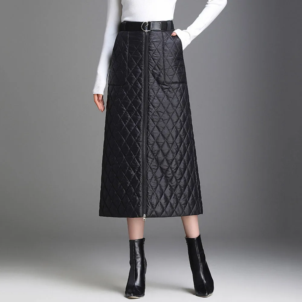 Зима, новая мода размера плюс, теплые Плотные хлопковые стеганые юбки, черная трапециевидная Повседневная зимняя юбка на молнии размера 3XL 4XL