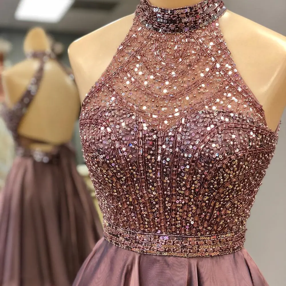 

Charming Luxury Beads Tops Chiffon Short Cocktail Party Gown Halter Neck A-line Homecoming Dresses vestidos de coctail