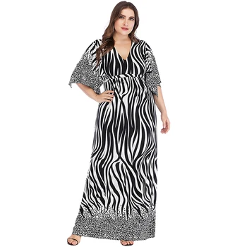 

2020 Europe and America Summer large V-neck stripe bat sleeve strap splicing dress long