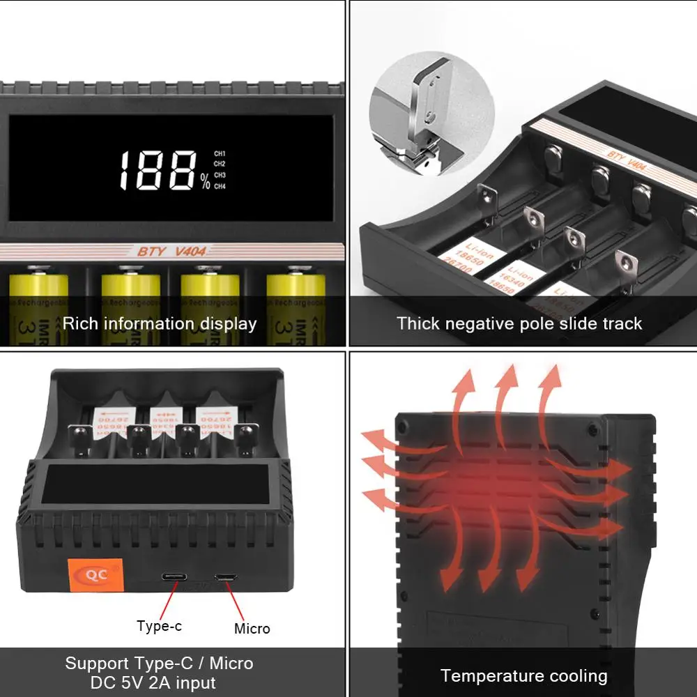 BTY-V404 4 лота смарт-зарядное устройство для Li-ion/IMR/INR/ICR/LiFePO4 10340 26500 26650 CR143 4,2 литиевая батарея зарядное устройство 18650