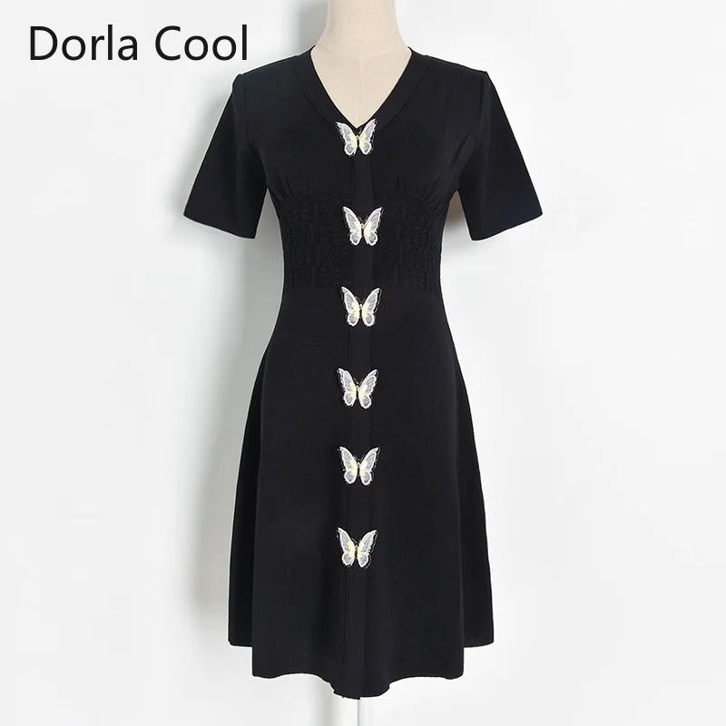 

Fashion Women Slim Mini Dress V-neck Embroidery Butterfly High Waist Knitted Party Dresses Lady's Retro Office Wear Thin Vestido