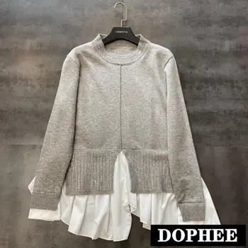 

2020 Spring New Water Diamond Hot Drilled Loose Knitted Shirt Fake Two Piece Women Casual Knitted Sweaters Women Pull Femme