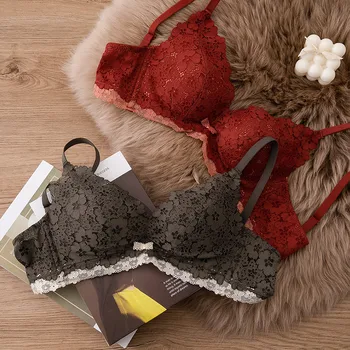 

Sexy modal cotton comfortable bra set no rims girls underwear gathered top and thin thick bra push up deep v lingerie sets