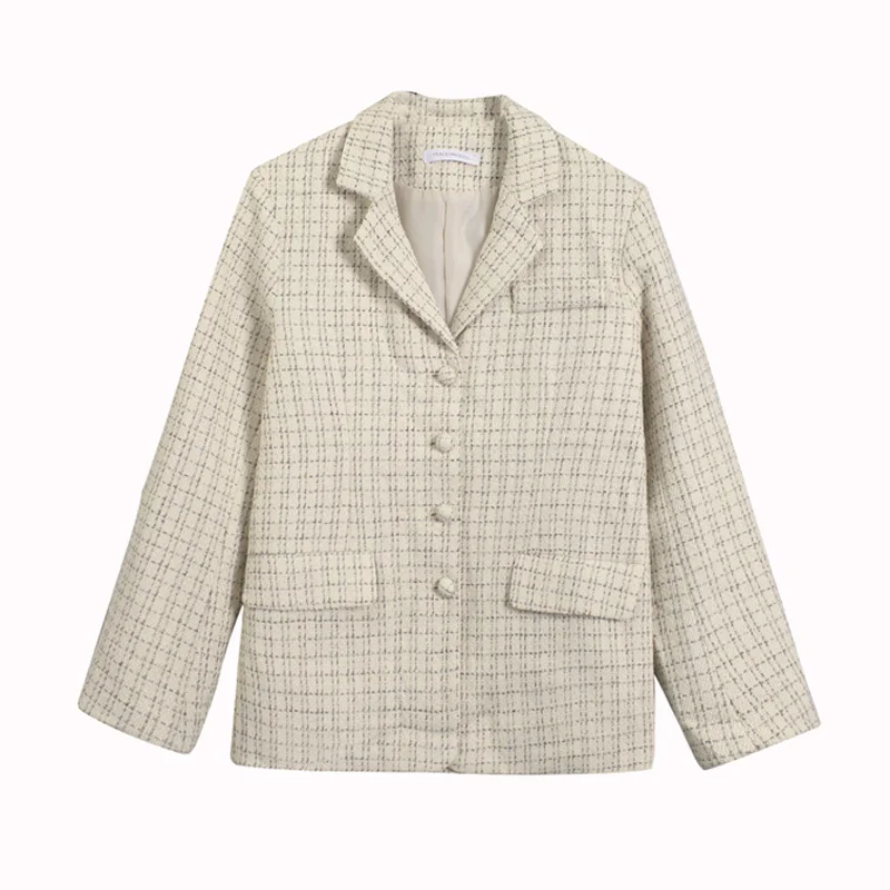 

PERHAPS U women black beige black plaid tweed blazer jacket outerwear pocket button notch collar vintage C0180