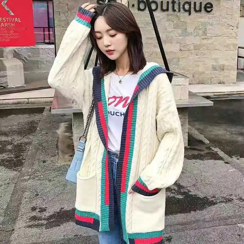 Preppy Style Women Cardigans Hooded Sweater V-Neck Patchwork Loose Knitwear Casual Knit Outwear pocket Coat New