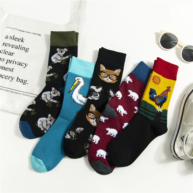 SP&CITY 5 Pairs Harajuku Women Cartoon Animal Patterned Cotton Socks Bird Chicken Funny Print Female Socks Casual High Sox