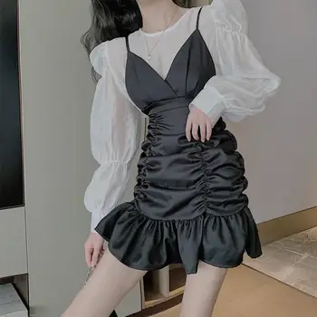 

2020 New arrival Puff Long Sleeve Lady White Shirt + Draped Ruffle Halter Black Short Dress Fashion Women 2 Pieces set