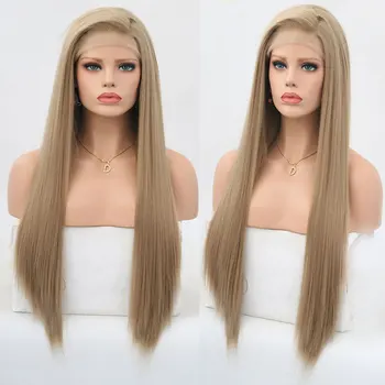 

Gold Brown Straight Synthetic 13*3 Lace Front Wig Glueless Heat Resistant Fiber Natural Hairline Side Part For Women Party Wigs